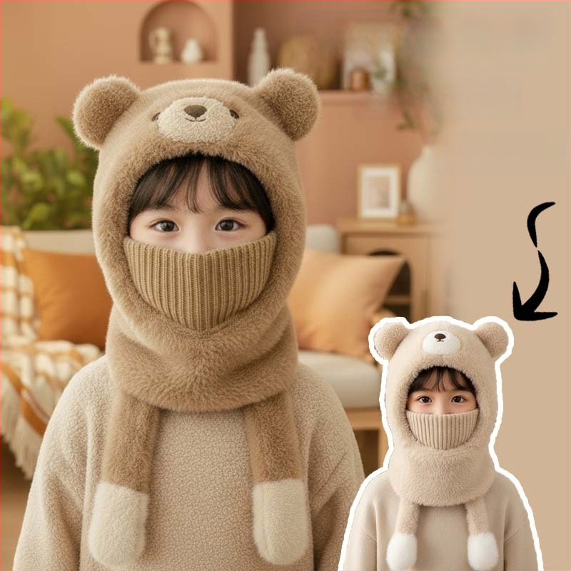 Детска плюшена качулка-мече за деца – флисова подплата, интегриран шал за врата и маска, защита на ушите, ветроустойчива