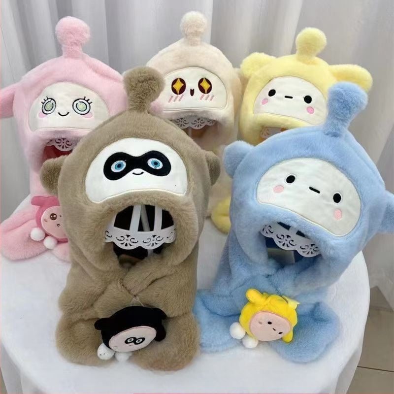 Детска качулка-шал с ушна защита, пухена изкуствена зайчева козина, бродирана обработка, есен 2023, за деца 2–4, 4–6 и 8–10 г