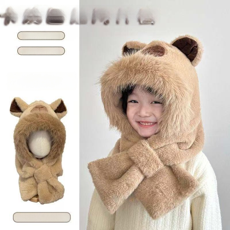 2-in-1 pliušinė vaikų kepurė su šaliku, žieminė kepurė su ausų apsauga, vėjui atspari, mielas piešinių stilius, amžiaus grupė 6–12 mėn iki 8–10 metų, siuvinėjimas ir atlaso detalės