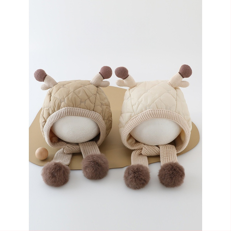 Kūdikių žieminė kepurė su integruotu šaliku ir ausų apsauga su elnio ragų motyvu – šilta, vėjui atspari, medvilnė