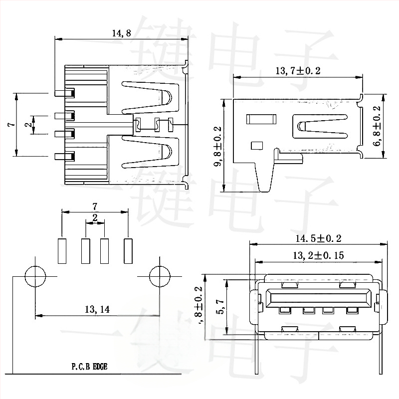Σύνδεσμος USB 2.0 Type-A SMT, γωνία 90°, οριζόντιες και ευθείες επαφές