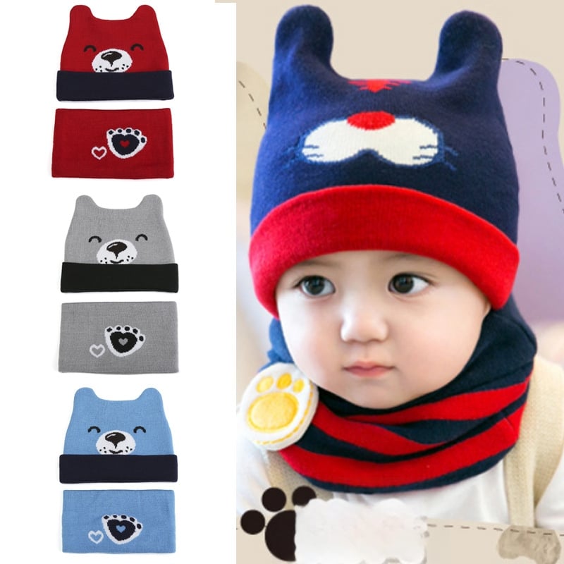 Детски плетен комплект шапка и шал с мотив на кученце, шапка с куполообразен връх, топла и ветроустойчива, за 0–2 години, подходящ за зима, пролет и есен
