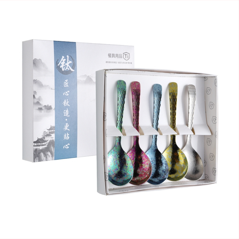 Κουταλάκι από καθαρό τιτάνιο με μοτίβο πάγου-κρυστάλλου και σφυρήλατη υφή, αντιβακτηριακό, μοντέρνος απλός σχεδιασμός για φαγητό και σούπα.