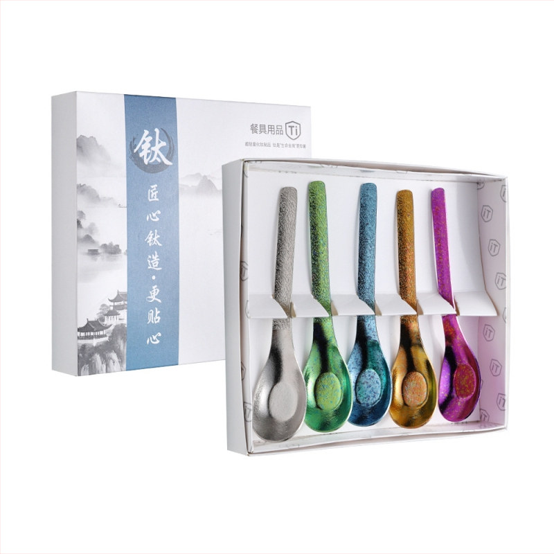 Κουταλάκι από καθαρό τιτάνιο με μοτίβο πάγου-κρυστάλλου και σφυρήλατη υφή, αντιβακτηριακό, μοντέρνος απλός σχεδιασμός για φαγητό και σούπα.