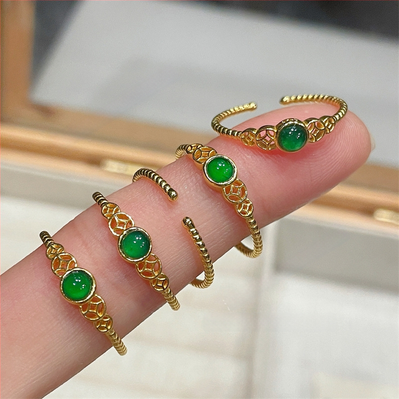 Отворена халка от S925 сребро с Jadeite, унисекс, електроплакиране