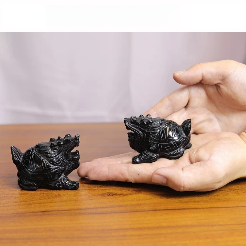 Драконова костенурка от обсидиан, естествен камък, модерен минималистичен декор.