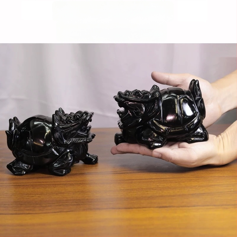 Драконова костенурка от обсидиан, естествен камък, модерен минималистичен декор.