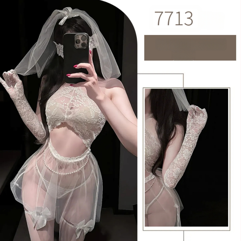 Σεξι εσώρουχο: διαφανές πλέγμα με δαντέλα, στυλ στολής, κοντή φούστα, πολυεστέρας 80–90%