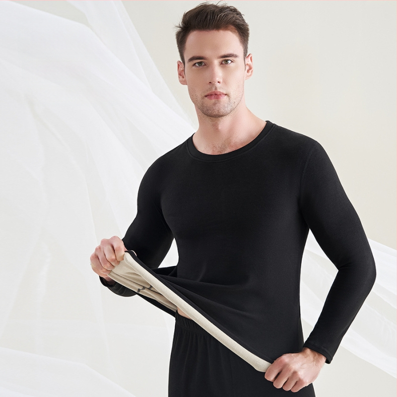 Мъжко термобельо от вълна и коприна, с флисова подплата, двойнослойно, кръгло деколте