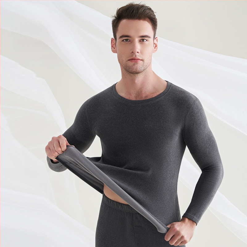 Мъжко термобельо от вълна и коприна, с флисова подплата, двойнослойно, кръгло деколте