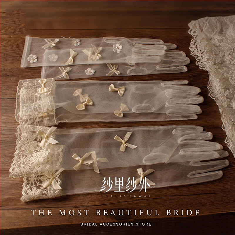 Mănuși de mireasă cu manșete din dantelă retro, material plasă, lungime medie, design original, pentru femei, potrivite pentru primăvară, vară și toamnă