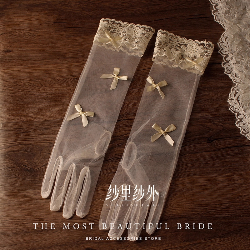 Mănuși de mireasă cu manșete din dantelă retro, material plasă, lungime medie, design original, pentru femei, potrivite pentru primăvară, vară și toamnă