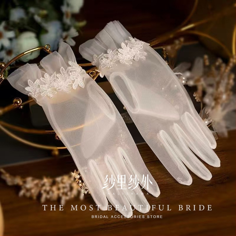Mănuși de mireasă cu manșete din dantelă retro, material plasă, lungime medie, design original, pentru femei, potrivite pentru primăvară, vară și toamnă