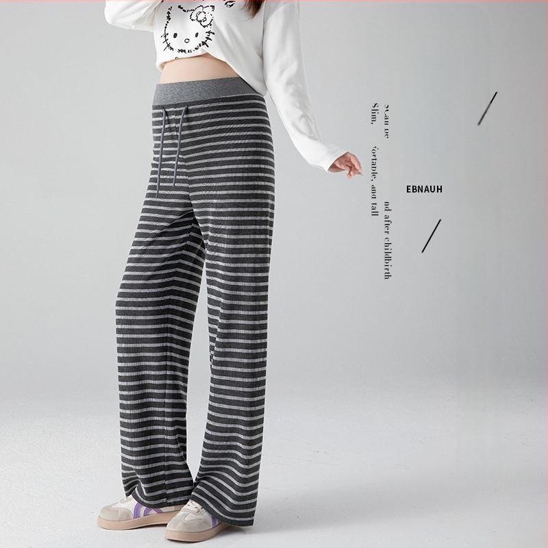 Панталони за бременни с широки крачоли, райета, подплатени полар, опора на корема, за пролет и есен 2025