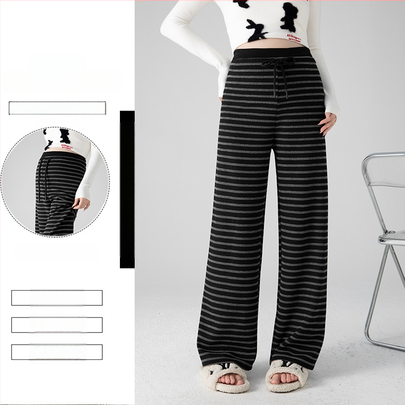 Панталони за бременни с широки крачоли, райета, подплатени полар, опора на корема, за пролет и есен 2025