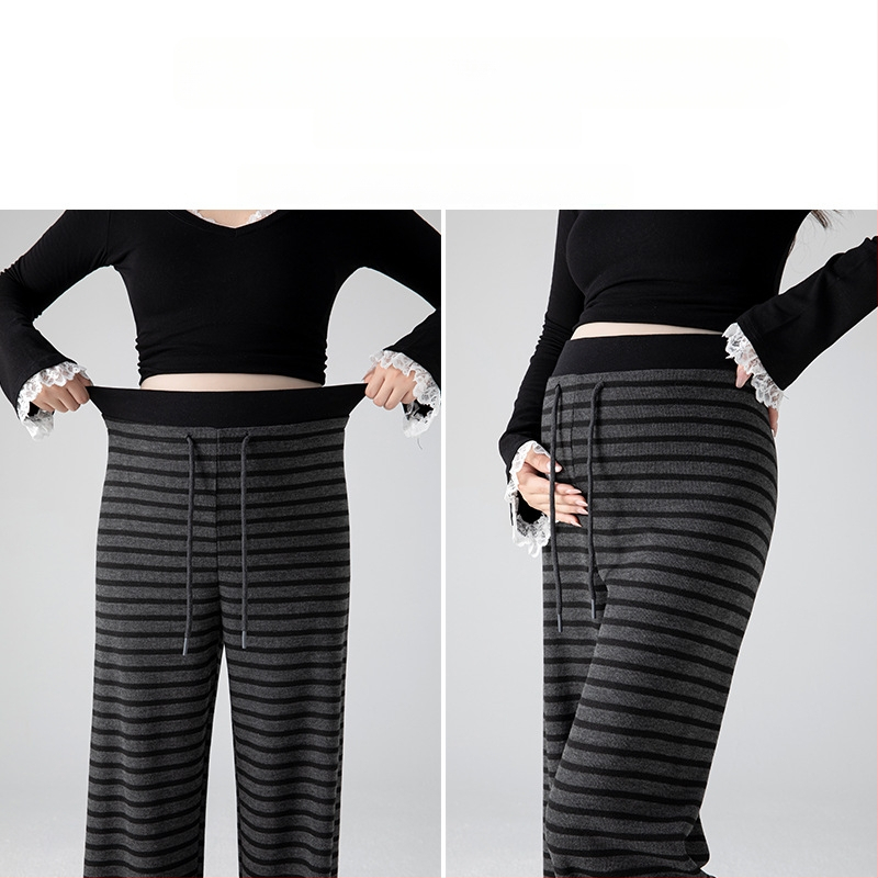 Панталони за бременни с широки крачоли, райета, подплатени полар, опора на корема, за пролет и есен 2025