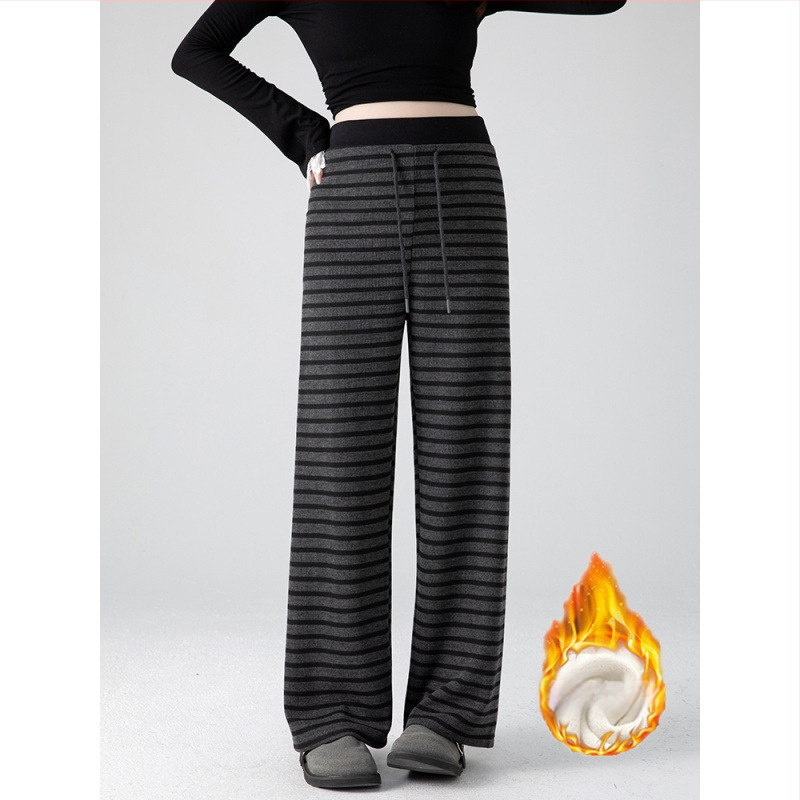 Панталони за бременни с широки крачоли, райета, подплатени полар, опора на корема, за пролет и есен 2025