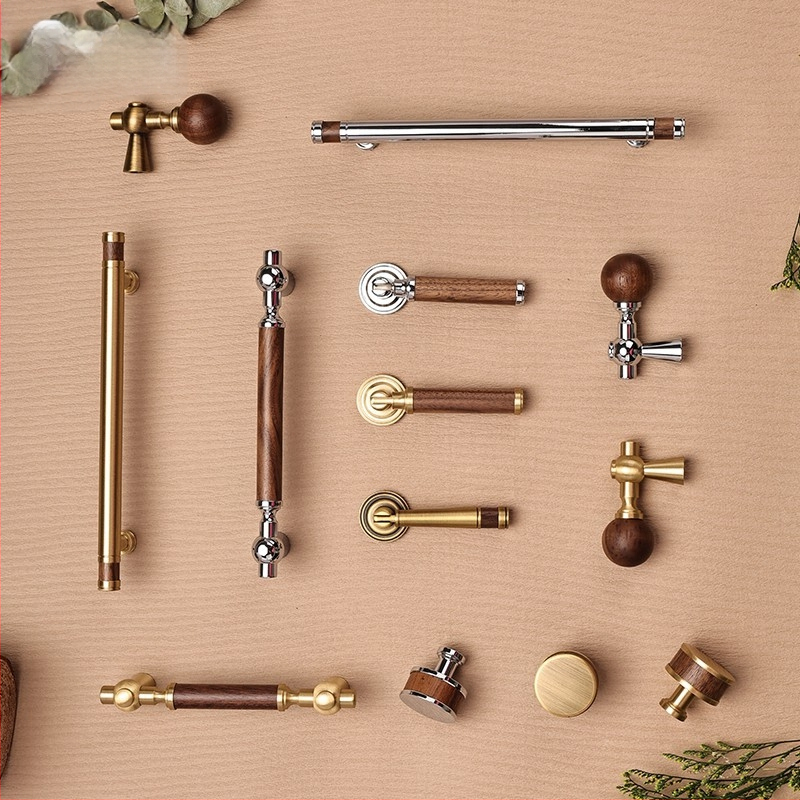 Дръжка за шкаф - медна сплав + орехово дърво, електроплатирана, стил лайт лукс, модел 2285/2287, за гардероб, шкафове и чекмеджета, баня и винен шкаф