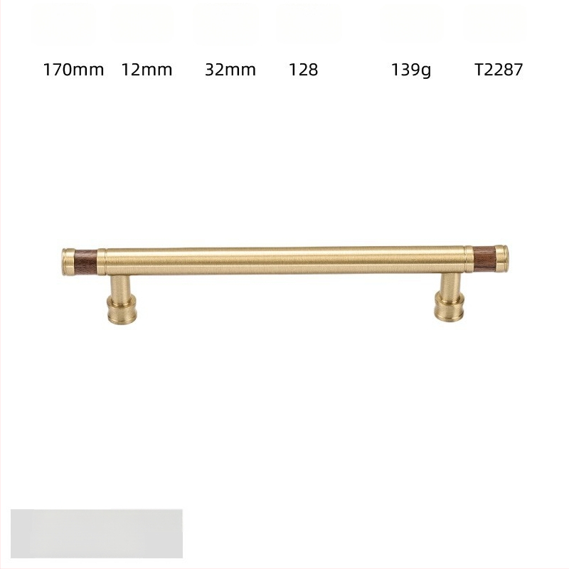 Дръжка за шкаф - медна сплав + орехово дърво, електроплатирана, стил лайт лукс, модел 2285/2287, за гардероб, шкафове и чекмеджета, баня и винен шкаф