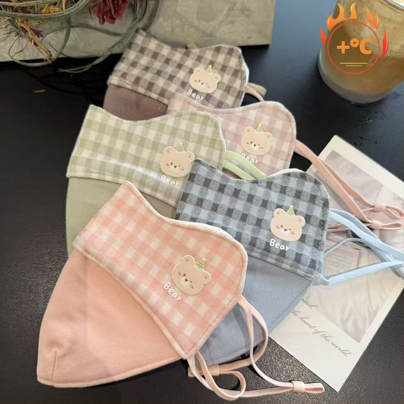 Детска топла маска за зимата, памук, клетъчен принт, карикатурен стил, с ушни ластички