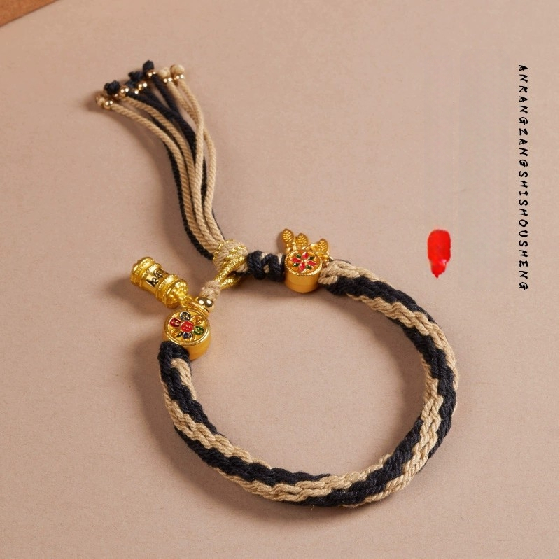 Τιβέτια Χειροποίητο Πλεκτό Βραχιόλι με Μάντρα – Προσαρμόσιμο, Εθνοτικό Στυλ, Unisex, Μάντρα έξι χαρακτήρων