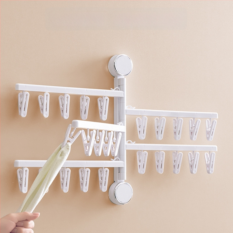 Egarda Κλιπ στέγνωσης με βεντούζα – τοίχος, αναδιπλόμενο, 20 πλαστικά κλιπ, για εσώρουχα, κάλτσες, πουκάμισα