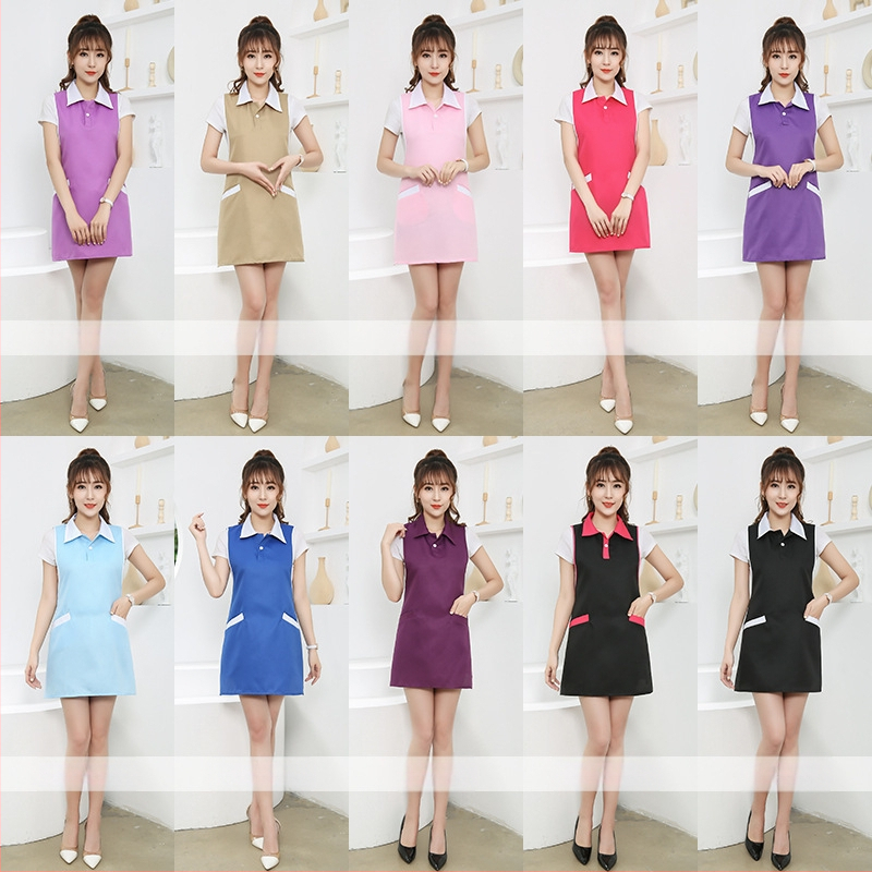 Uniforma s predložkom za salone ljepote i osoblje — ženski model; otporna na ulja i dezinficiranje; tkanina: viskoza; sekundarna tkanina: gruba vlakna; udio glavnog 30%, sekundarnog 25%; pogodno za medicinsku odjeću/bijeli kaput; sve sezone