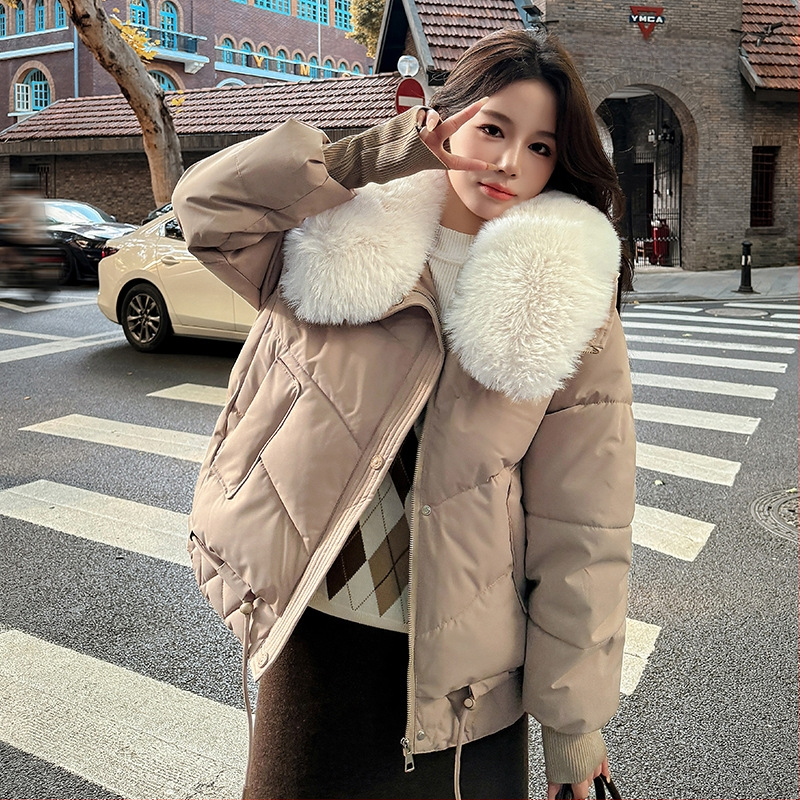 Късо памучно яке с яка от изкуствен пух, закопчаване с цип, пълнеж пух-памук, стил японско-корейски casual