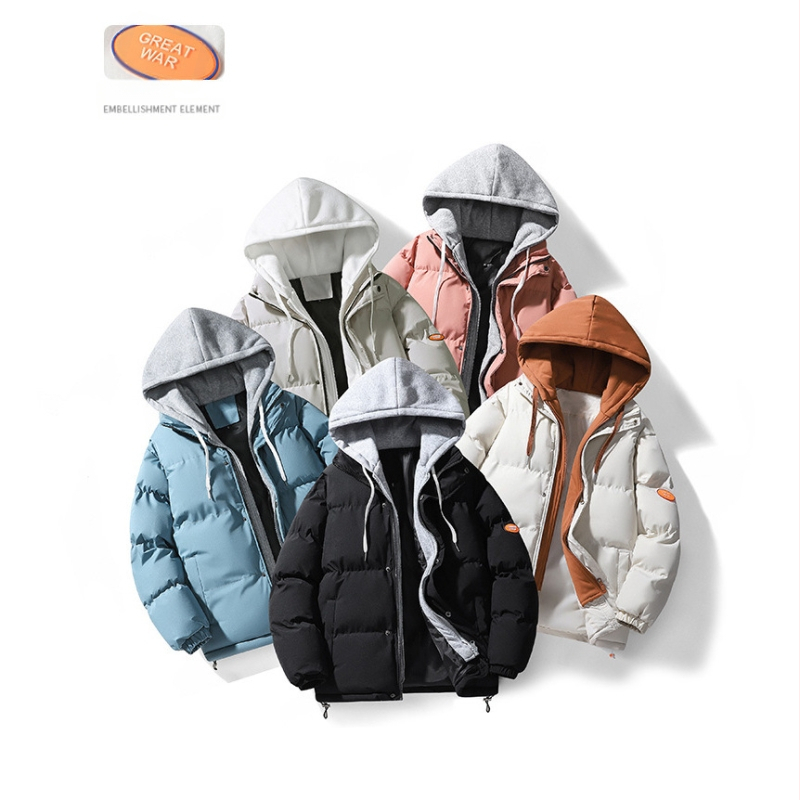 Корейски стил памучно подплатено палто за мъже, качулка, цип, дебел вълнен външен плат