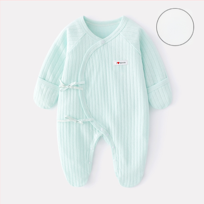 Новородено памучен ромпер с крачета, дълги ръкави, диагонално закопчаване и връзка