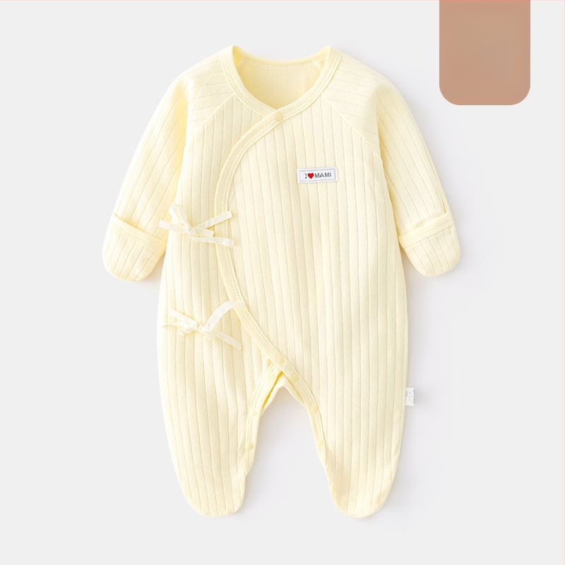 Новородено памучен ромпер с крачета, дълги ръкави, диагонално закопчаване и връзка