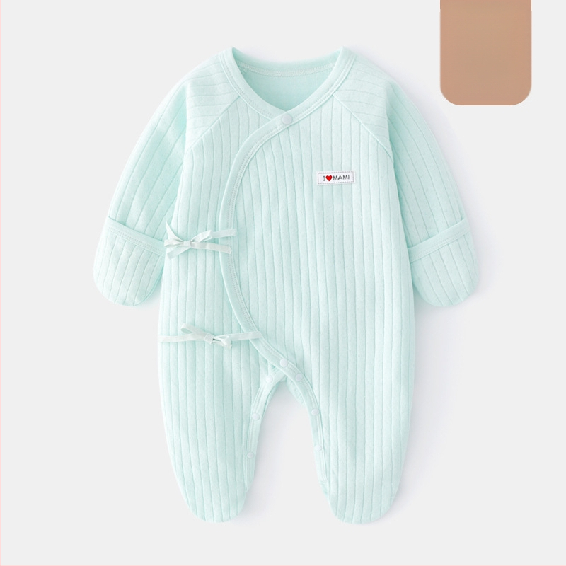 Новородено памучен ромпер с крачета, дълги ръкави, диагонално закопчаване и връзка