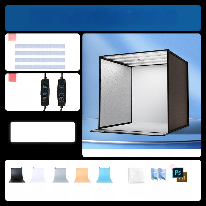 Kompakta studijas gaismas kaste ar saliekamu LED fona kastu, bez ēnām, piemērota still life un juvelierizstrādājumu fotografēšanai