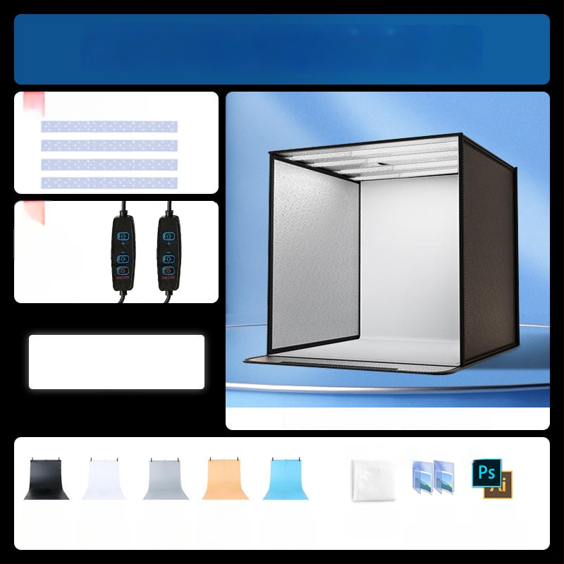 Kompakta studijas gaismas kaste ar saliekamu LED fona kastu, bez ēnām, piemērota still life un juvelierizstrādājumu fotografēšanai