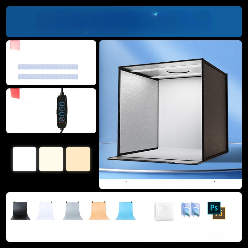Kompakta studijas gaismas kaste ar saliekamu LED fona kastu, bez ēnām, piemērota still life un juvelierizstrādājumu fotografēšanai