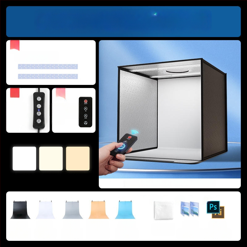 Kompakta studijas gaismas kaste ar saliekamu LED fona kastu, bez ēnām, piemērota still life un juvelierizstrādājumu fotografēšanai