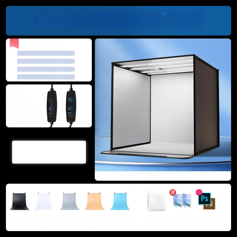 Kompakta studijas gaismas kaste ar saliekamu LED fona kastu, bez ēnām, piemērota still life un juvelierizstrādājumu fotografēšanai