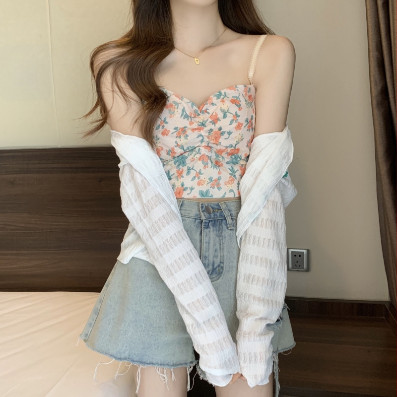 Najlon camisole s cvjetnom čipkom i jastučićem za prsa, V-izrez, ljeto