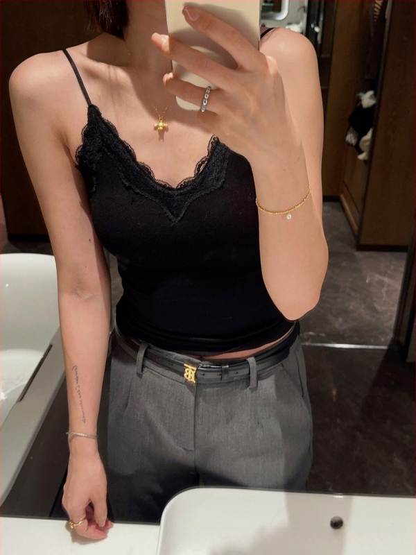 Ženski kamizol s čipkastim panelom i ugrađenom jednom čašom bazom, pamuk, V-izrez, vest stil, sve sezone