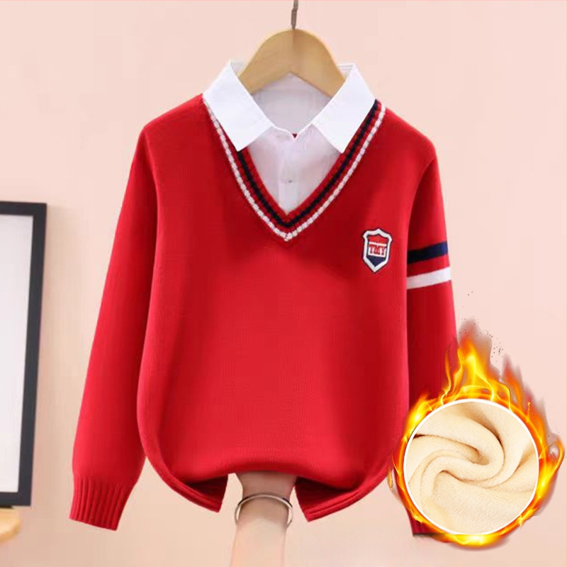 Момчешки памучен трикотажен пуловер, подплатен с флис, удебелен, дълги ръкави