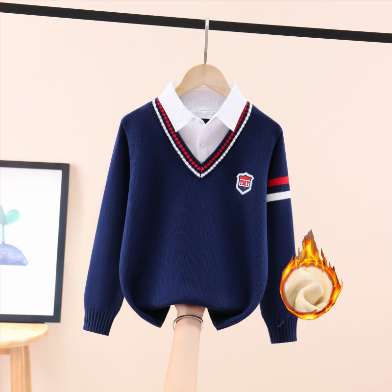 Момчешки памучен трикотажен пуловер, подплатен с флис, удебелен, дълги ръкави