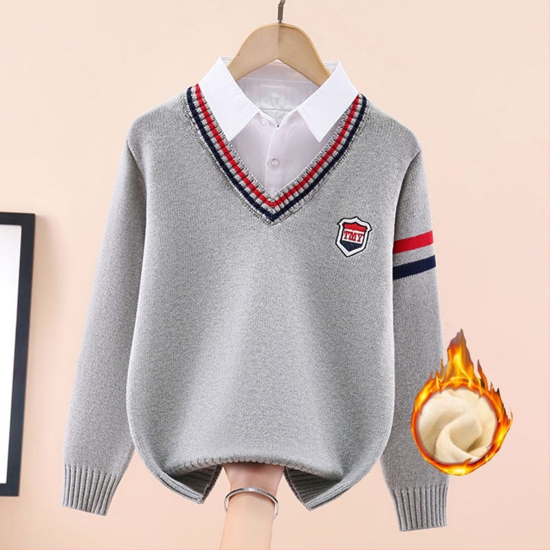 Момчешки памучен трикотажен пуловер, подплатен с флис, удебелен, дълги ръкави