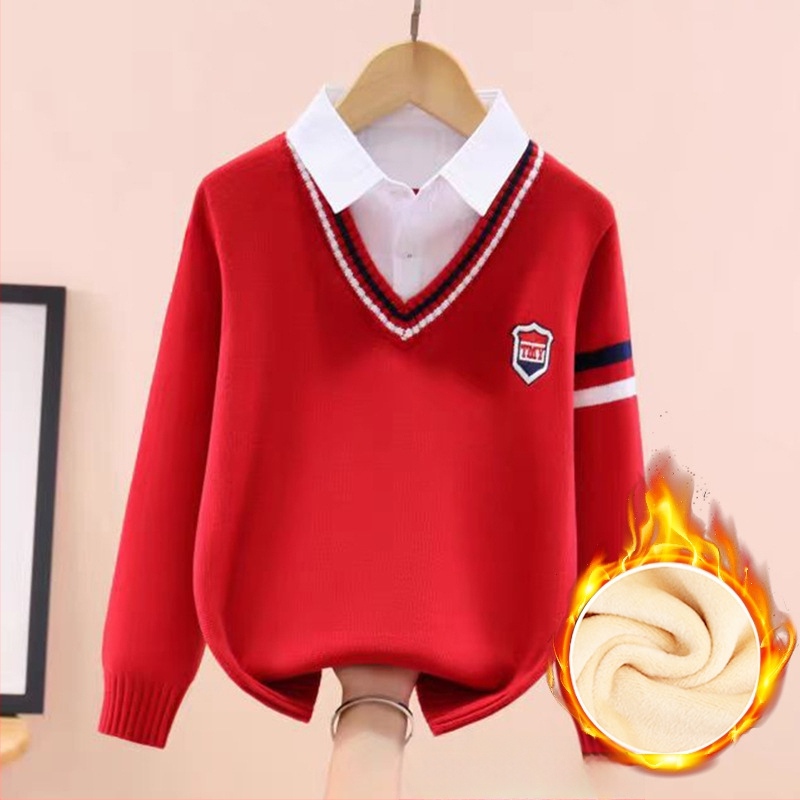 Момчешки памучен трикотажен пуловер, подплатен с флис, удебелен, дълги ръкави