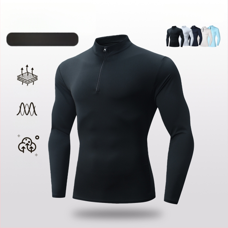 Tricou sport slim-fit pentru bărbați, mâneci lungi, guler în stil stand-up, uscare rapidă, respirabil, 90% poliester / 10% spandex, lungime peste șolduri