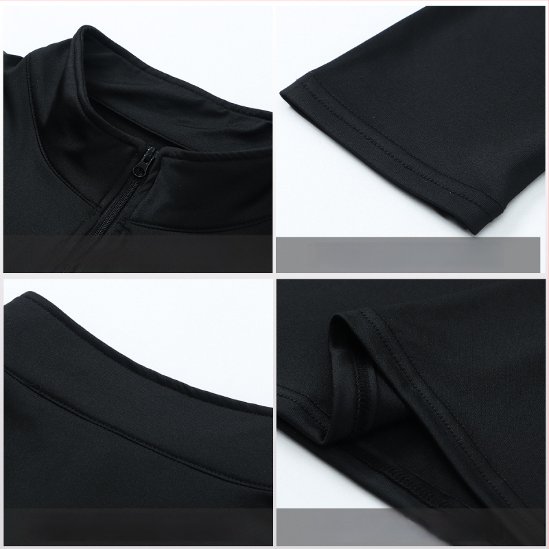 Tricou sport slim-fit pentru bărbați, mâneci lungi, guler în stil stand-up, uscare rapidă, respirabil, 90% poliester / 10% spandex, lungime peste șolduri