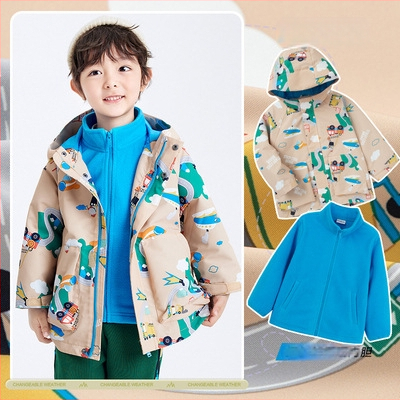 Bērnu ārējā jaka – divdaļīgs komplekts, ūdensnecaurlaidīga līdz 1000 mm, silta ar flīsa iekšpusi, vēja izturīga, kapuce noņemama, neilona audums, Cartoon raksts, vecuma grupai 3–4 gadiem (ūdensnecaurlaidīga līdz 1000 mm, silta ar flīsa iekšpusi, vēja iztur