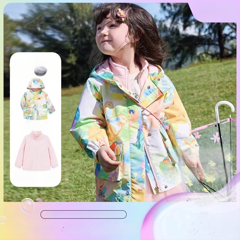 Bērnu ārējā jaka – divdaļīgs komplekts, ūdensnecaurlaidīga līdz 1000 mm, silta ar flīsa iekšpusi, vēja izturīga, kapuce noņemama, neilona audums, Cartoon raksts, vecuma grupai 3–4 gadiem (ūdensnecaurlaidīga līdz 1000 mm, silta ar flīsa iekšpusi, vēja iztur