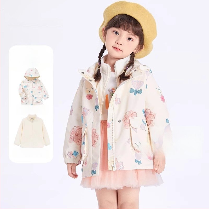 Bērnu ārējā jaka – divdaļīgs komplekts, ūdensnecaurlaidīga līdz 1000 mm, silta ar flīsa iekšpusi, vēja izturīga, kapuce noņemama, neilona audums, Cartoon raksts, vecuma grupai 3–4 gadiem (ūdensnecaurlaidīga līdz 1000 mm, silta ar flīsa iekšpusi, vēja iztur