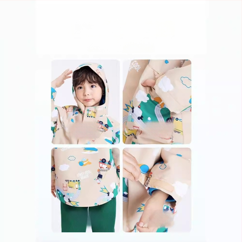 Bērnu ārējā jaka – divdaļīgs komplekts, ūdensnecaurlaidīga līdz 1000 mm, silta ar flīsa iekšpusi, vēja izturīga, kapuce noņemama, neilona audums, Cartoon raksts, vecuma grupai 3–4 gadiem (ūdensnecaurlaidīga līdz 1000 mm, silta ar flīsa iekšpusi, vēja iztur
