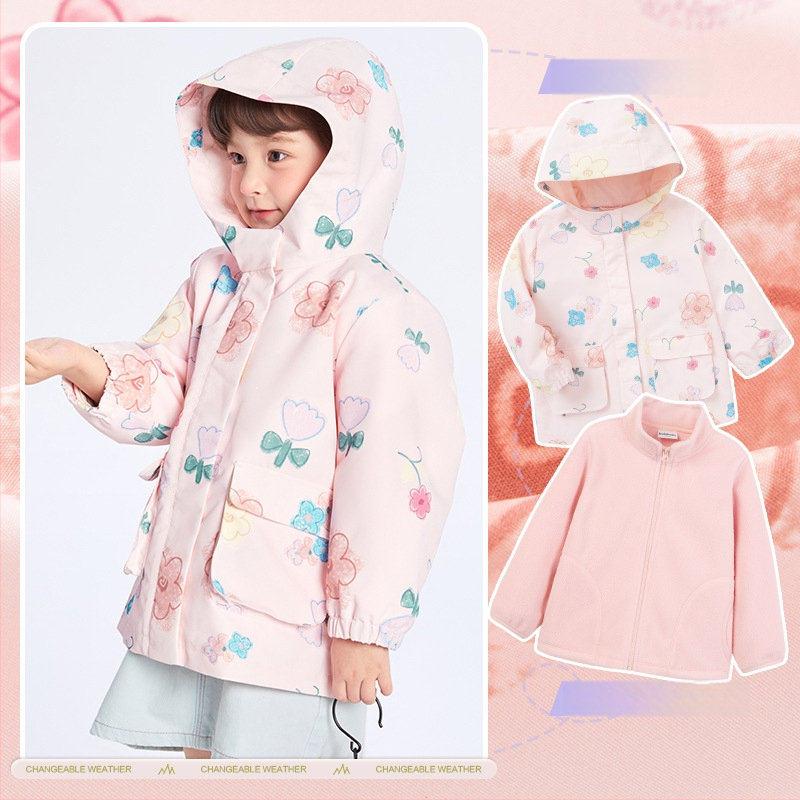 Bērnu ārējā jaka – divdaļīgs komplekts, ūdensnecaurlaidīga līdz 1000 mm, silta ar flīsa iekšpusi, vēja izturīga, kapuce noņemama, neilona audums, Cartoon raksts, vecuma grupai 3–4 gadiem (ūdensnecaurlaidīga līdz 1000 mm, silta ar flīsa iekšpusi, vēja iztur